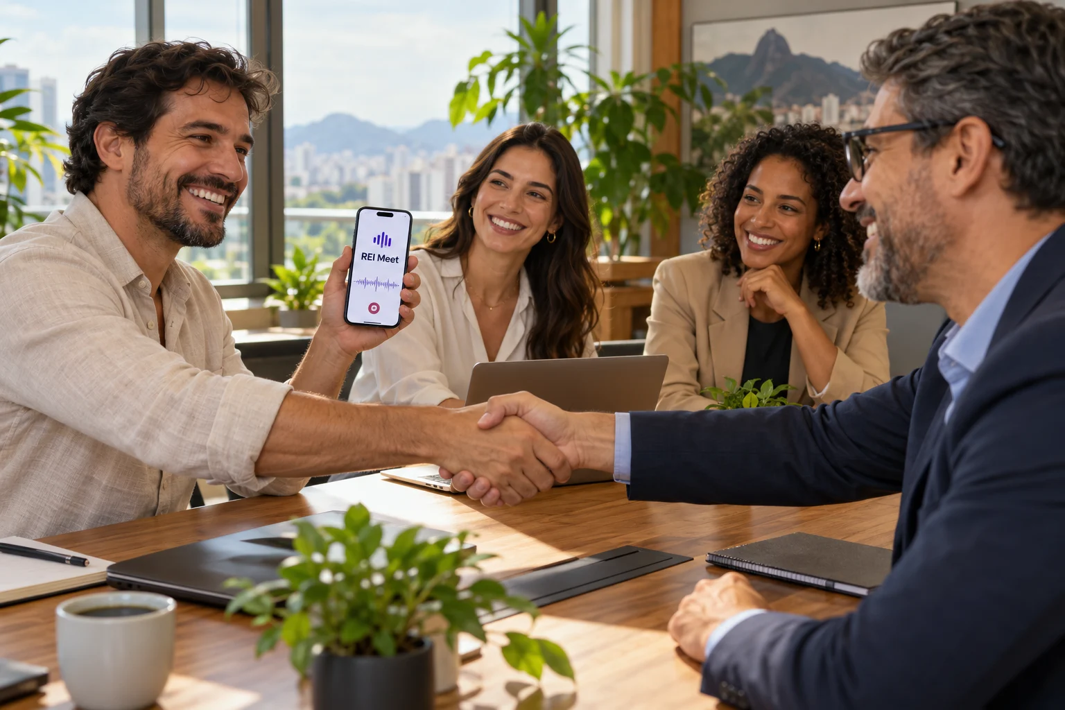 Profissionais sorrindo e selando um acordo, com um celular exibindo REI Meet